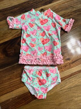 Ruffle Butts Mint Heart Print Rash Guard Swim Set with Pink Ruffles Sz 5